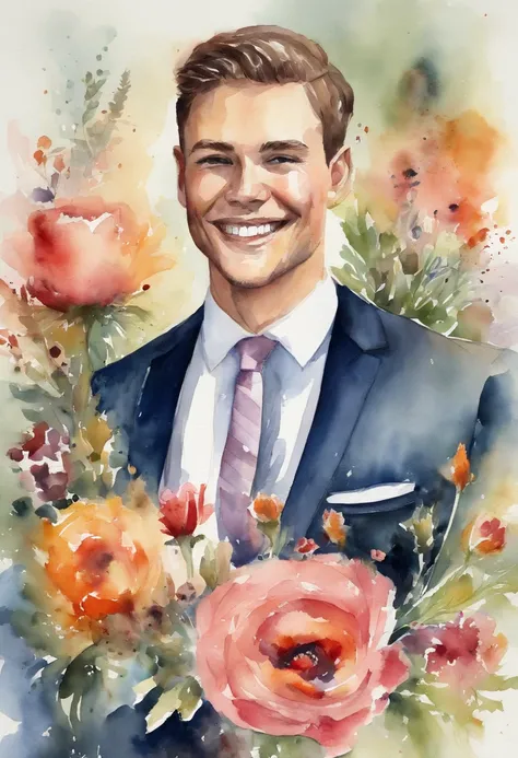 The image shows a young man in a suit and tie. He is smiling and appears to be posing for a photo. The masculine attire and presence of flowers suggest that the occasion may be a formal event or a special celebration.