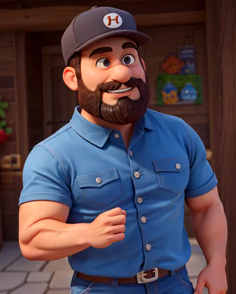 Um homem estilo disney pixar, alta qualidade, barbudo, barba castanha, vestindo camisa preta, wearing black cap, usando luvas pretas, melhor qualidade