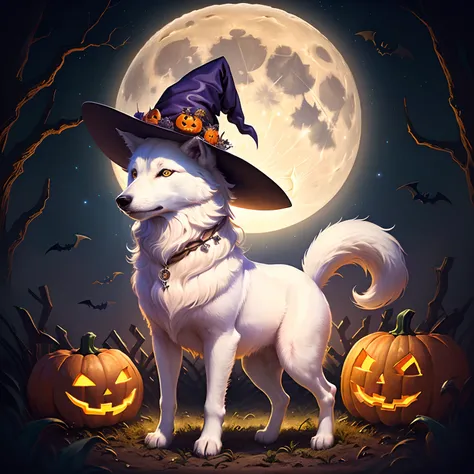 Cute white wolf pup in Halloween witch costume in pumpkin patch during full moon