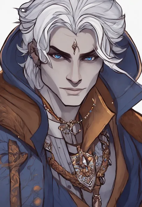 There is a drawing of a man , Retrato de um personagem DND, elfo macho Drow pele branca, bonito Drow, caleb from critical role, humano, pintado no estilo arcano