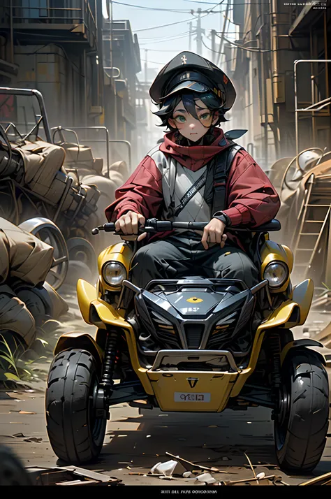 Create a Pixar Video Cover
With a handicapped boy, moreno claro, cabelo enrolado curto, wearing a cap and two crutches and with a camera in his hand
In the painting he puts behind him a yellow quad bike and a radical landscape