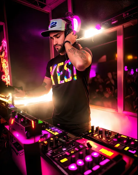 there is a man that is standing in front of a dj, DJ em uma festa, DJING com toca-discos DJ, Conjunto de DJ, tocando techno house music, DJ, Turntablism DJ arranhando, Festa DJ Rave, tredning on art station, Festa Techno, dive bar with a karaoke machine, t...