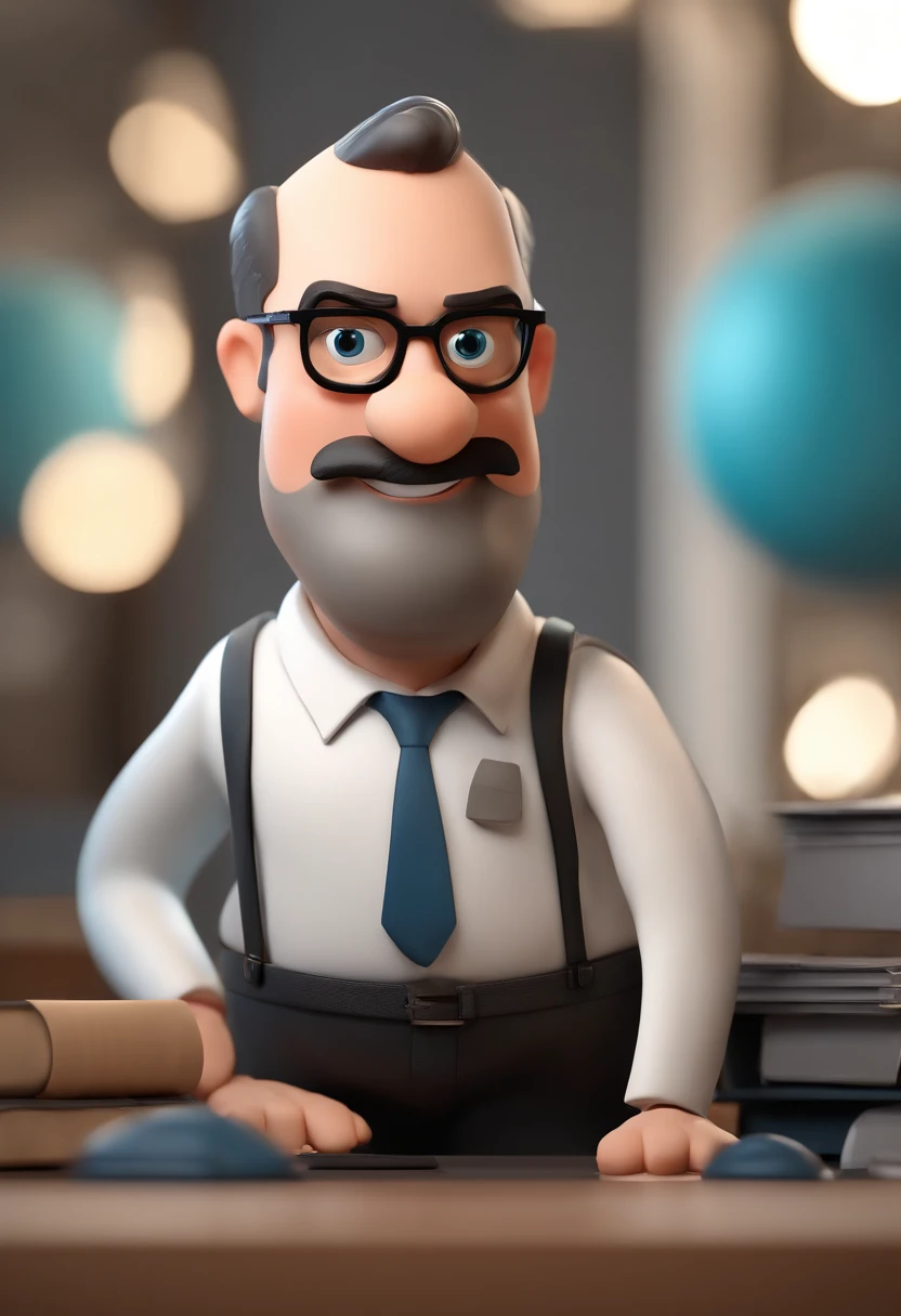 Cartoon character of a fat white man with beard and mustache with black glasses and a blue dress shirt, black dress pants, Working in the office, animation character, Caractere estilizado, animation style rendering, 3D estilizado, Arnold Maya render, 3 d r...