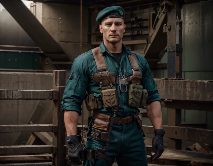 muscular man with military uniform navy blue fabric green details, blue military beret, black gloves, belts and harnesses with tools and ammunition, harness with ammunition on the leg, he has a British face, rude expression, he is outside a construction si...