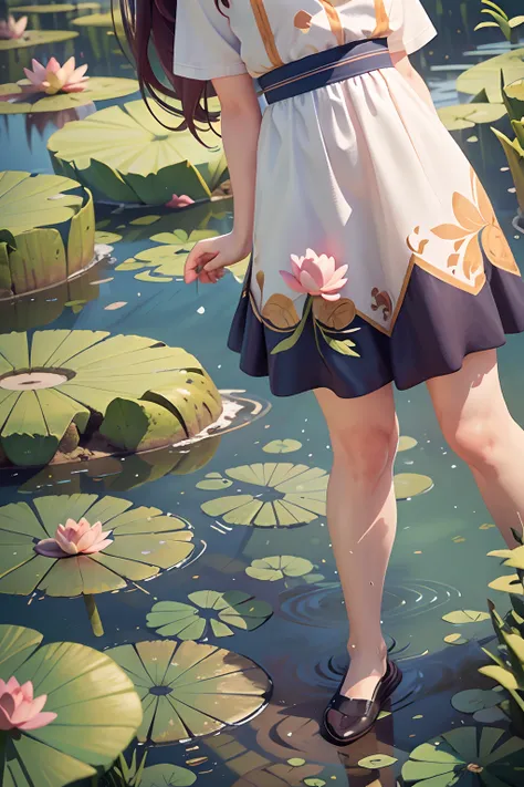 (Best Quality, Masterpiece), Vast Landscape Photo, (From below, the sky above and the lotus pond below), (A Girl, Solo: 1.2), Black Ponytail, White T-shirt, (Perfect Face, Detailed Skin, Realistic: 1.2), Character Ratio 0.6, Summer Country, (Swimming Circl...