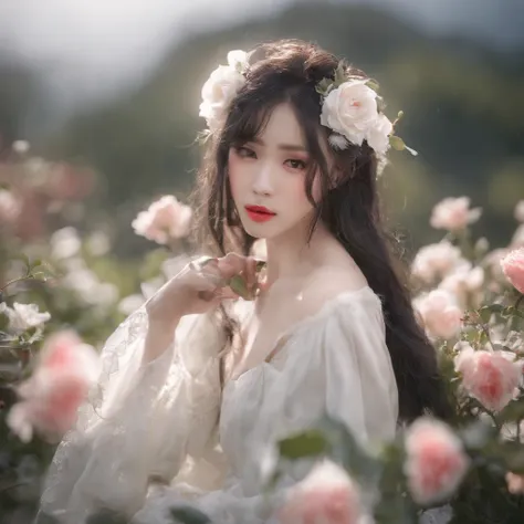 anime girl with long black hair and a white dress with red roses, guweiz, guweiz on pixiv artstation, detailed digital anime art, beautiful anime girl, guweiz on artstation pixiv, anime style 4 k, kawacy, beautiful anime portrait, detailed portrait of anim...