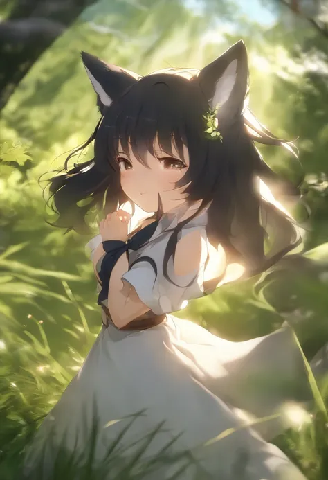 A pretty anime girl, that its under the sun light in the hill, rounded by a lot of green grass, and som trees, and a bit of wind its moving her hair, she has, black hair, and fox ears, it a semi-human, semi-fox, she, its not showing too much skin, the came...