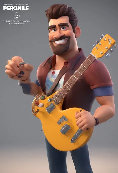 Personagem de desenho animado de um homem uma camisa preta, cabelo liso grande, Com barba, SORRIDENTE E BONITO segurando uma guitarra, animation character, Caractere estilizado, animation style rendering, 3D estilizado, Arnold Maya render, 3 d render styli...