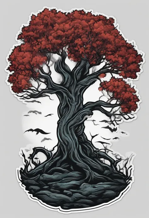 /imagine prompt: evil tree illustration for a sticker with a black background, in bold outline style, jagged edges, trashcore, light shading --v 5.2