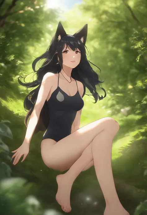 A full naked pretty (anime) girl, that its under the sun light in the hill, rounded by a lot of green grass, and som trees, and a bit of wind its moving her hair, she has, black hair, and fox ears, it a semi-human, semi-fox, she, its not showing too much s...