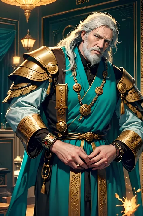 Describes one of the old kings of the ancient Roman Empire, Marcus Aurelius（Caesar XIV），Richard Harris（Richard Harris）（Richard Harris）play，A.D. 180， He was 85 years old，Classic Caesar armor draped in turquoise robes，Ornaments belonging to the king，Long mes...