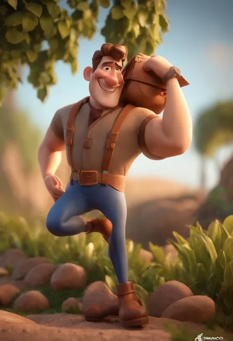 personagem dos desenhos animados de um homem vestindo jaleco em uma fazenda barba curta e texto escrito "Raphael", animation character, Caractere estilizado, animation style rendering, 3D estilizado, Arnold Maya render, 3 d render stylized, toon render key...