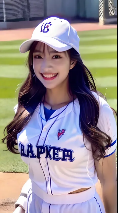 Smile full of happiness、Sweating、Baseball Costumes、Wearing a baseball uniform、Baseball Cap、Beautiful expression、baseball field、Baseball gloves、selfee、The upper part of the body、from waist up