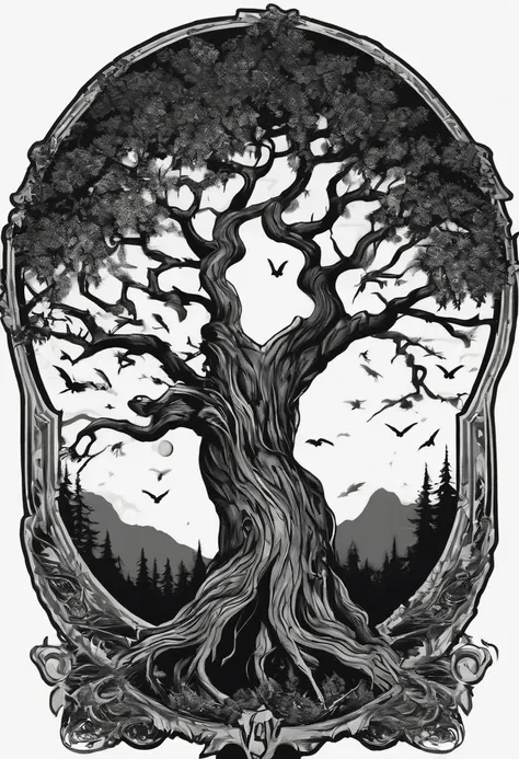 /imagine prompt: evil tree illustration for a sticker with a black background, in bold outline style, jagged edges, trashcore, light shading --v 5.2