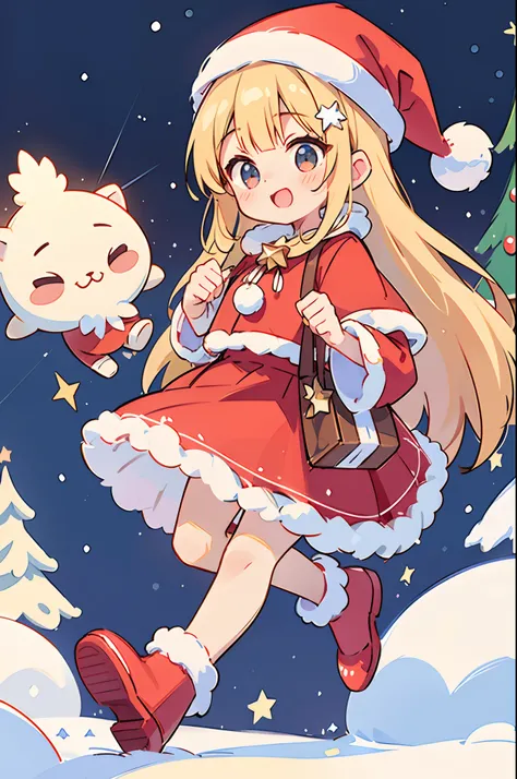 Santa Claus happily carrying presents、Santa is a pretty girl、Stars in the eyes（kirakira）、Eye Up、Laugh、Cute red shoes、foco nítido, Ultra Detail, radiant light、bio luminescent、snowscape、Its snowing、Draw a large snowflake in the foreground、Stronger bokeh effe...