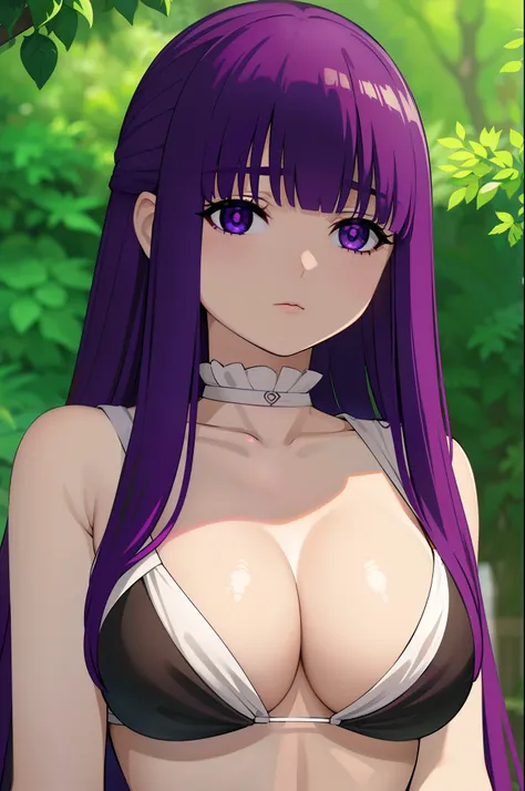 fern, fern, long hair, bangs, (purple eyes:1.1), purple hair, bikini, black bikini, outdoor, looking at viewer, upper body, (masterpiece:1.2), best quality, high resolution, unity 8k wallpaper, (illustration:0.8), (beautiful detailed eyes:1.6), extremely d...