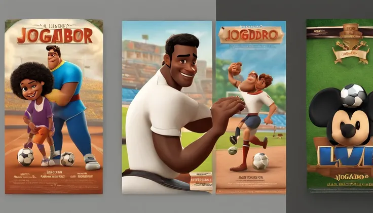 Make a Disney Pixar Movie Style Poster with the Name "Jogador Caro" . Ele e um homem auto de pele morena e cabelo liso . E um jogador de futebol que joga com uma camisa listrada em preto e branco