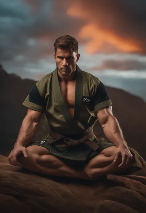 homem em frente a uma gigantesca montanha ao fundo, with arms crossed, Man in combat position, Quimono de jiu-jitsu, 8k, hyper realista, detalhado.