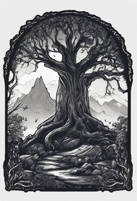 /imagine prompt: wizard and evil tree illustration for a sticker with a black background, in bold outline style, jagged edges, trashcore, light shading --v 5.2