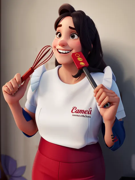 Uma mulher jovem branca confeiteira, com seu uniforme escrito demali estilo disney pixar, alta qualidade, melhor qualidade