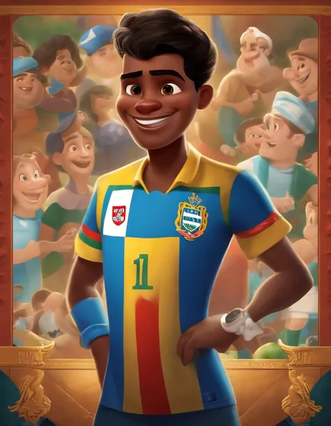 Make a Disney Pixar Movie Style Poster with the Name "Baldoino". Hes black with straight hair c, um jovem feliz e comediante . His name is Wirik Limeira . He is a Brazilian football player. Do it with the Sport Club Corinthians Paulista shirt.