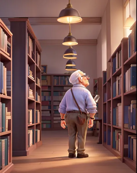 A wise old man standing in front, illuminated by the light of a lamp, against the backdrop of a library