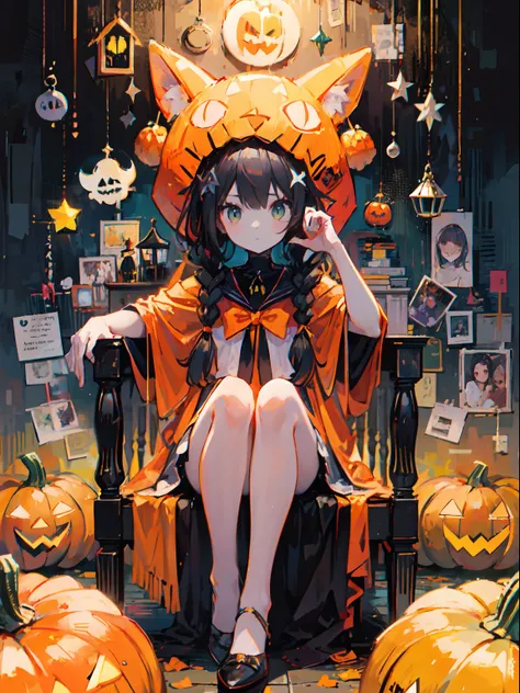 girl with orenge tied hair and a pumpkin hat, sit pose, halloween theme,