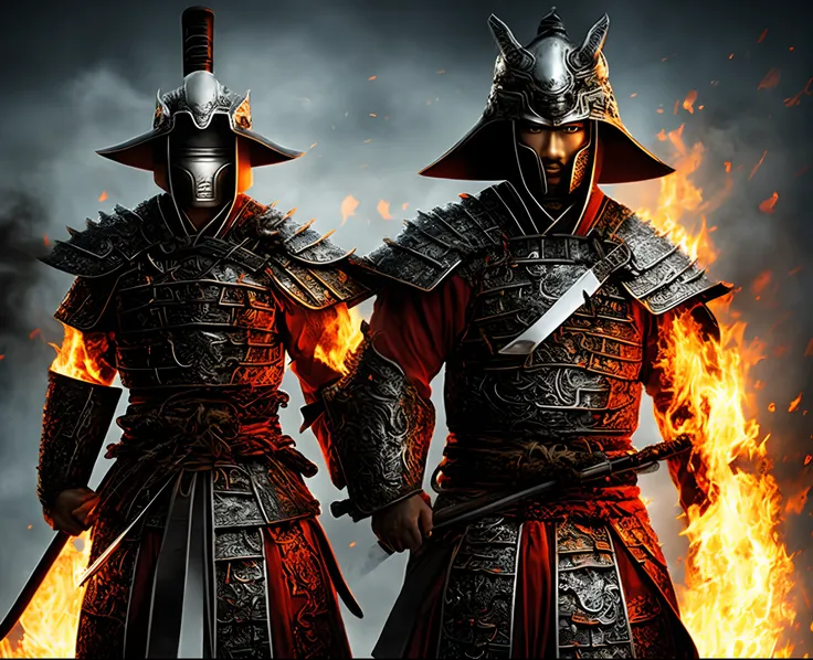 a samurai with red and black armor standing in black smoke with a burning katana in a realistic fantasy style