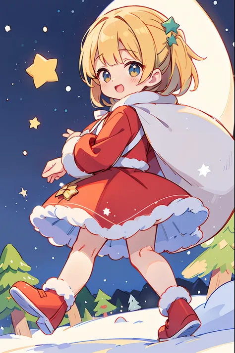 Santa Claus happily carrying presents、Santa is a pretty girl、Stars in the eyes（kirakira）、Eye Up、Laugh、Cute red shoes、foco nítido, Ultra Detail, radiant light、bio luminescent、snowscape、Its snowing、Draw a large snowflake in the foreground、Taken from behind、S...