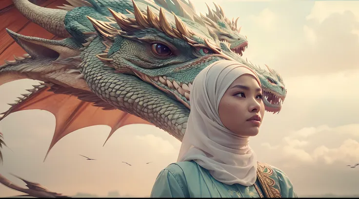 Create a scene where the Malay girl in hijab and malay women traditional attire is riding a majestic, photorealistic dragon through the skies. Shes a dragon tamer in a breathtaking aerial adventure. style raw, pastel color grading, Super 8mm lense, Extreme...