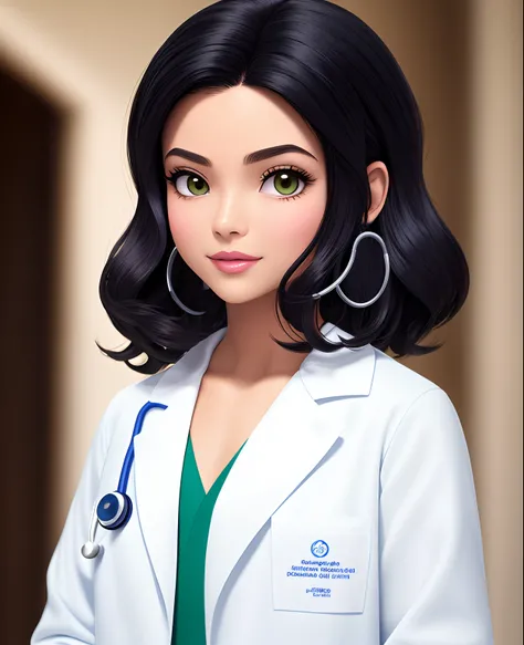 Arte digital cartoon, estilo disney moderno, morena bonita com cabelo preto comprido bonito, Dressed in a doctors white coat, segurando um gato preto peludo no colo (retrato de corpo inteiro), Highly detailed hands, luz do dia, (fundo desfocado),