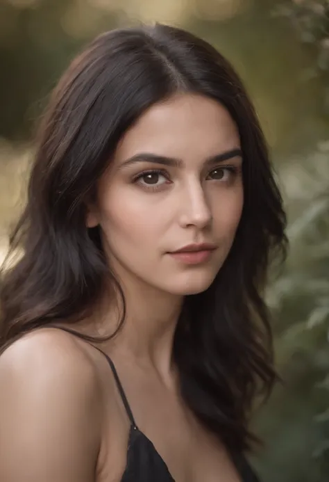 short young woman with long, disheveled shoulder-length black hair, a Greek nose and relaxed dark brown eyes