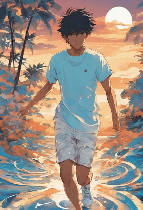 Desenhe um jovem negro sem cabelos, corredor competindo em uma praia . Hes running around in a pair of light blue sneakers, short preto e camisa branca, Surrounded by several admirers. The dramatic lighting of the sunny day reflecting on the sea, casting d...