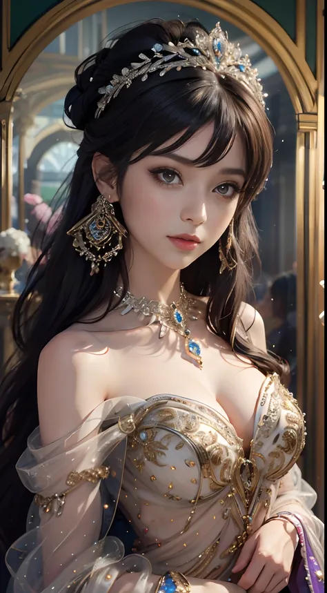 tmasterpiece，Highest image quality，Beautiful bust of a royal lady，Delicate black hairstyle，Amber eyes are clear，Embellished with a dazzling array of intricate jewelry，super detailing，upscaled。