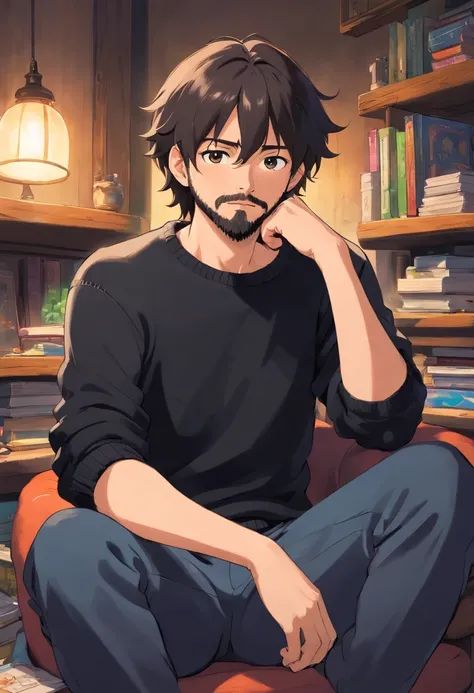 A 19 year old in a black sweater, seated casually, very tired, messy appearance, scruffy small beard, neck beard, black messy long hair