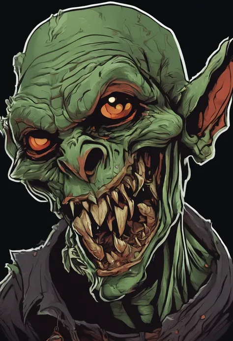 /imagine prompt: evil zombie goblin illustration for a sticker with a black background, in bold outline style, jagged edges, trashcore, light shading --v 5.2