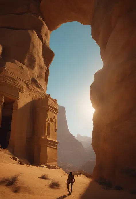 There is a large wooden statue in the middle of a narrow canyon, Unreal Engine 5 renderizado, inspirado em Ras Akyem, Giant ruins of golden head statue, Captura de tela do videogame>, still from a music video, Directed by: Thomas Crane, arcos gigantes maje...