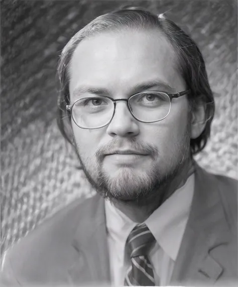 There is a man with glasses and a beard wearing a tie, gray suit, white shirt and black tie with white stripes