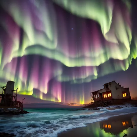 Abandoned city with starry skies and waves with Aurora Borealis