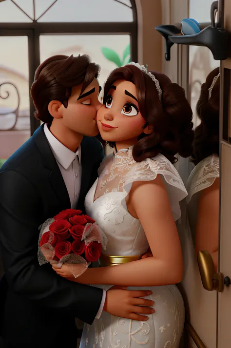 Um homem beijando sua noiva morena estilo disney pixar, alta qualidade, melhor qualidade