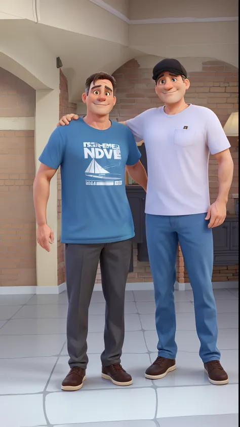 two middle-aged men in a room with a brick background