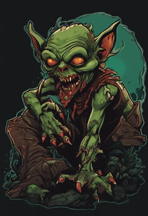 /imagine prompt: evil zombie goblin illustration for a sticker with a black background, in bold outline style, jagged edges, trashcore, light shading --v 5.2