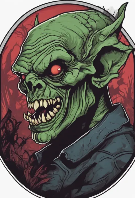 /imagine prompt: evil zombie goblin illustration for a sticker with a black background, in bold outline style, jagged edges, trashcore, light shading --v 5.2