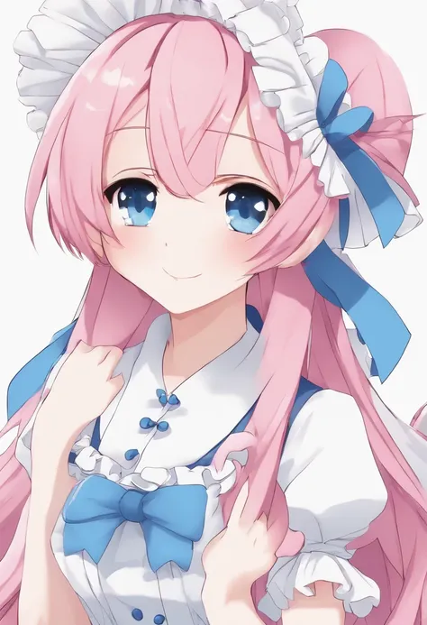 Anime character with pink hair and blue eyes holding hands, Twin-tailed, 2 d anime style, Anime Maid, 2 D Anime, Lori, in ryuuou no oshigoto art style, In live action, cel shaded anime, In a Japanese anime style, anime moe art style, anime cat girl in a ma...