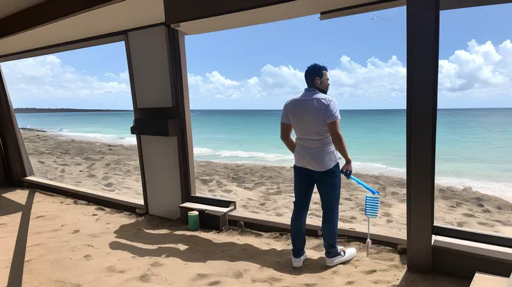 there is a man that is standing by a window with a toothbrush, a photo by Willian Murai, instagram, tachisme, caio santos, 3 2 years old, taken in the early 2020s, high quality upload, 3 6 years old, posing on a beach with the ocean, at the beach, 38 years...