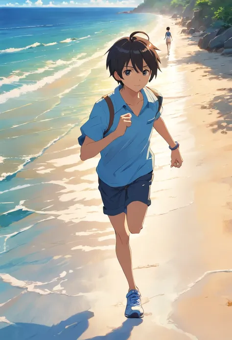 Desenhe um jovem negro corredor competindo em uma praia . Hes running around in a pair of light blue sneakers, short preto e camisa branca, Surrounded by several admirers. The illumination of the sunny day reflecting on the sea, casting deep shadows on the...