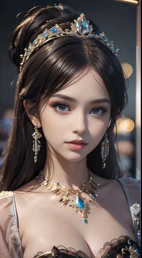 tmasterpiece，Highest image quality，Beautiful bust of a royal lady，Delicate black hairstyle，Amber eyes are clear，Embellished with a dazzling array of intricate jewelry，super detailing，upscaled。