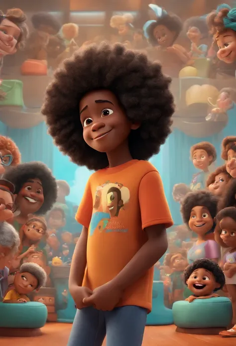 Um menino negro, cabelo afro curto, Feliz, fundo branco, Child, Tom, Estilo Pixar, ......3d, Cartoon, Rosto detalhado, asymmetrical 16k