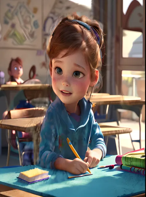 (Pixar style: 1.25) A little girl doing school activities, natural skin texture, 4K textures, HDR, intricate, highly detailed, sharp focus, cinematic appearance, hyper-detailed