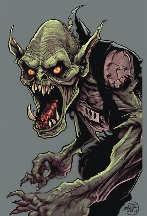 /imagine prompt: evil zombie goblin illustration for a sticker with a black background, in bold outline style, jagged edges, trashcore, light shading --v 5.2